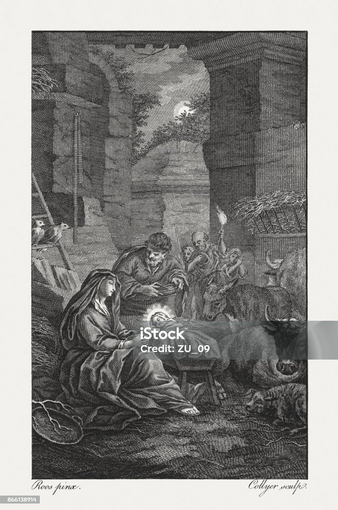 Nativity of Jesus Christ (Luke 2), copperplate engraving, published 1774 The Nativity of Jesus Christ (Luke 2, 7). Copperplate engraving after a painting (1570) by Jan Roos (1591 - 1638, Flemish painter), published in 1774. Adult stock illustration