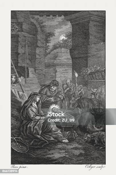Nativity Of Jesus Christ Copperplate Engraving Published 1774 Stock Illustration - Download Image Now