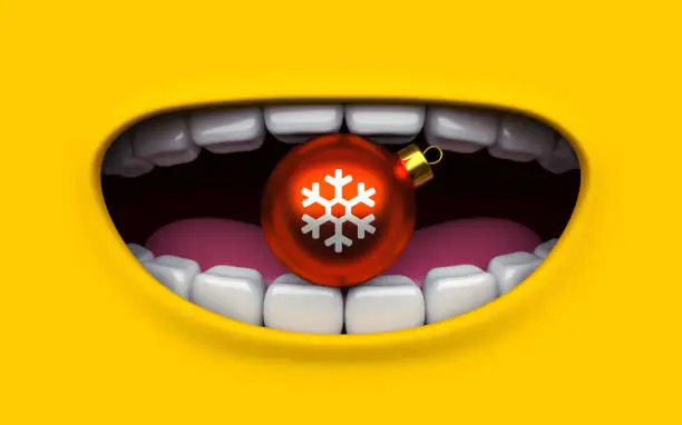 Photo of Mouth of character on a yellow background. Mimicry face of a cartoon little man. Children's poster with Christmas and Happy New Year. Poster 3d render.