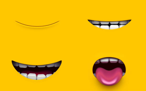 Mouth of character on a yellow background. Mimicry face of a cartoon little man. 3d render. Mouth of character on a yellow background. Mimicry face of a cartoon little man. 3d render. minion smile stock pictures, royalty-free photos & images