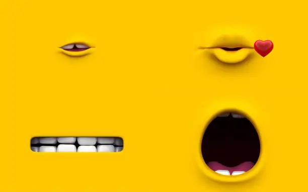 Photo of Mouth of character on a yellow background. Mimicry face of a cartoon little man. 3d render.