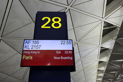 Hong Kong, Hong Kong - September 24, 2017 : Boarding Gate at the Hong Kong International Airport. The flight is going to Paris.