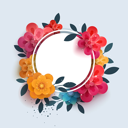 Flower composition with the text in a circle. Botanical illustration of red flowers thank you. Paper flowers can be used for printing, promotions, advertising, banner,