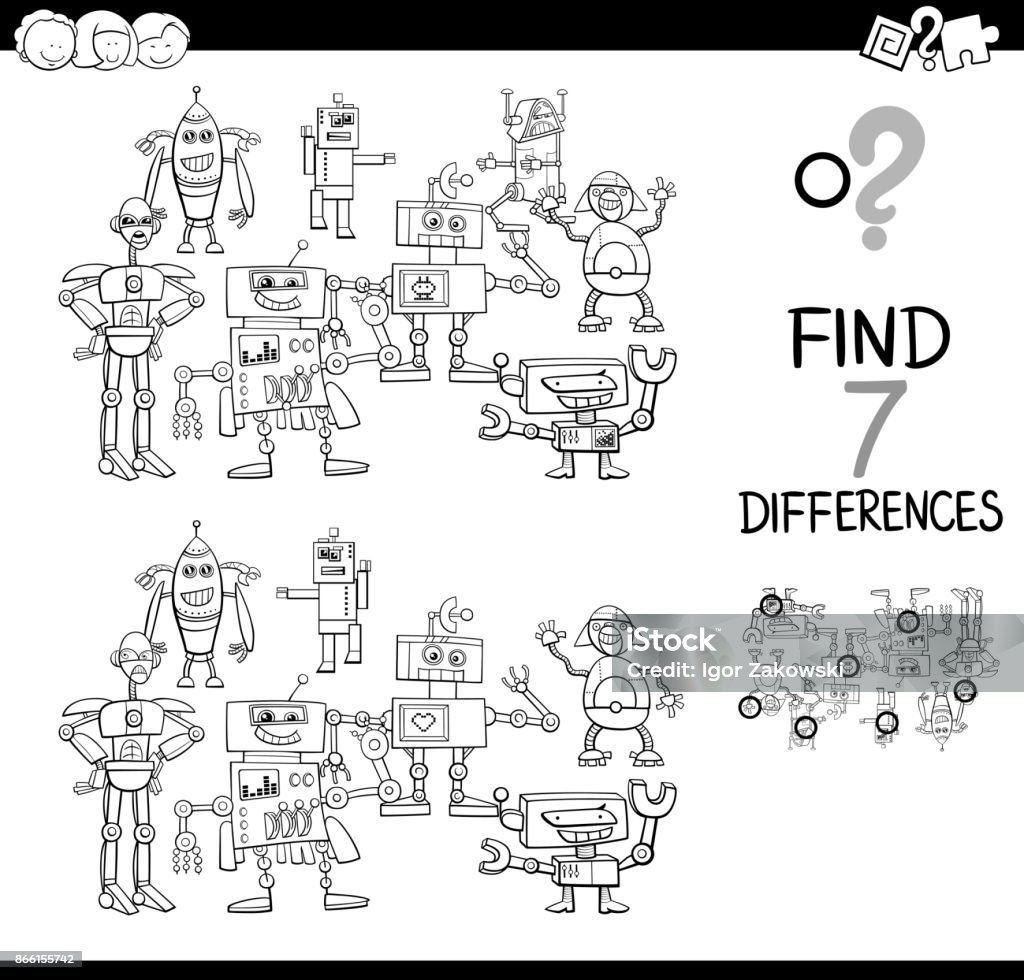 find differences with robots color book Black and White Cartoon Illustration of Finding Differences Between Pictures Educational Activity Game for Kids with Robot Characters Group Coloring Book Black And White stock vector