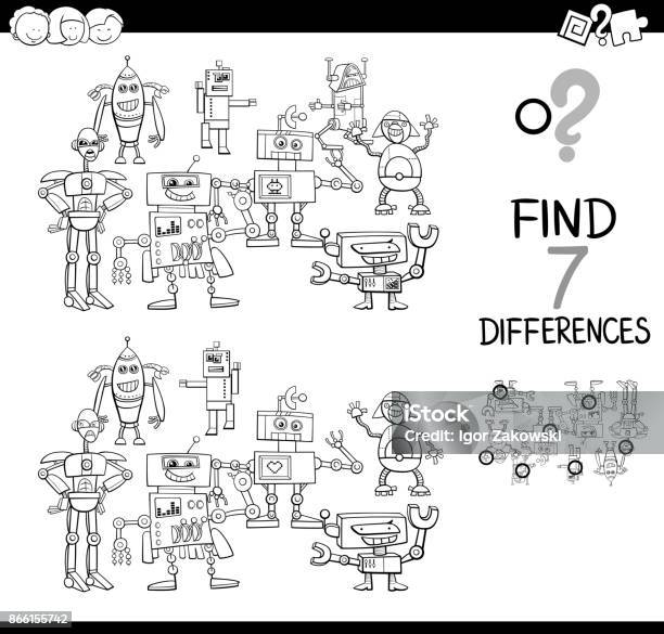 Find Differences With Robots Color Book Stock Illustration - Download Image Now - Black And White, Book, Cartoon