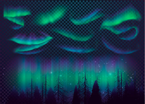 ночное небо, аврора borealis, северное сияние эффект, реалистичные цветные полярные огни. - северное сияние stock illustrations