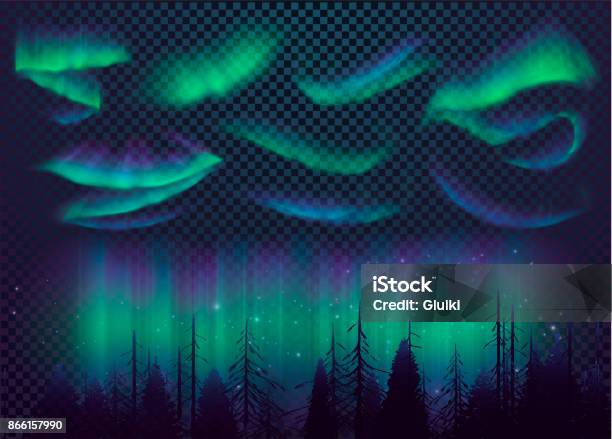 Night Sky Aurora Borealis Northern Lights Effect Realistic Colored Polar Lights Stock Illustration - Download Image Now