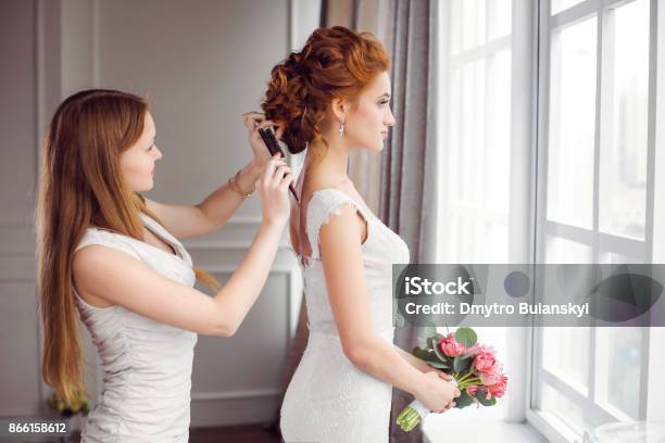 Brides Hairstyle Preparation Stock Photo - Download Image Now - Bride, Hair Salon, Wedding