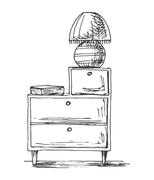 Vector illustration of Bedside table with a lamp. Vector illustration in sketch style.