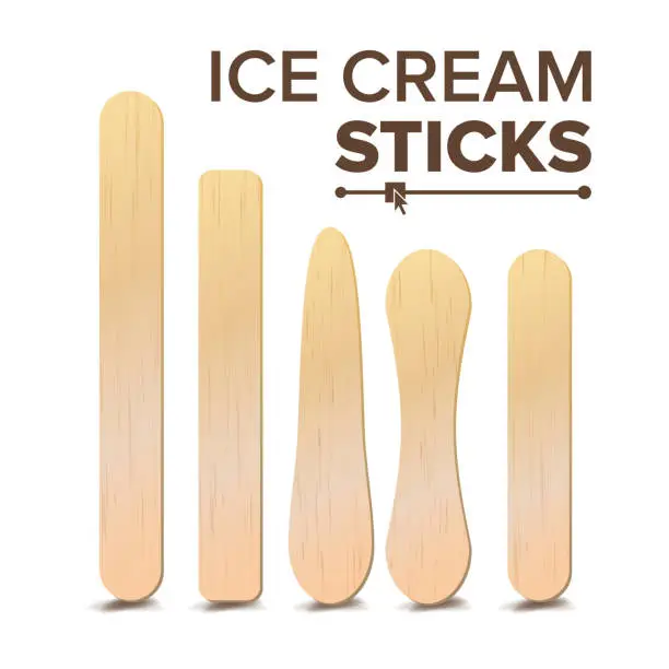 Vector illustration of Ice Cream Sticks Set Vector. Different Types. Wooden Stick For Ice cream, Medical Tongue Depressor. Isolated On White Background Illustration