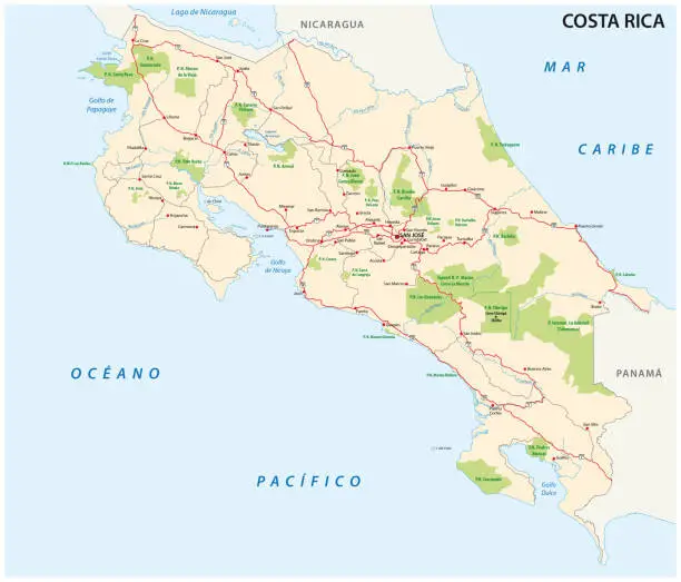 Vector illustration of Costa rica road and national park map