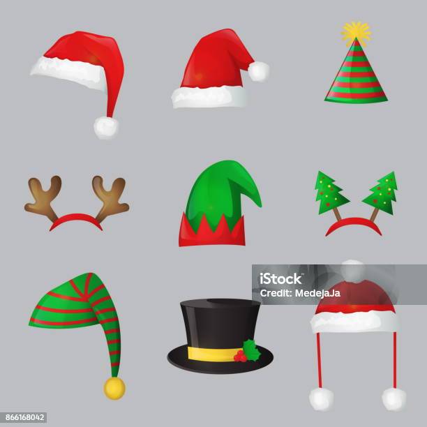 Christmas New Year Festive Celebration Hats Stock Illustration - Download Image Now - Christmas, Hat, Vacations