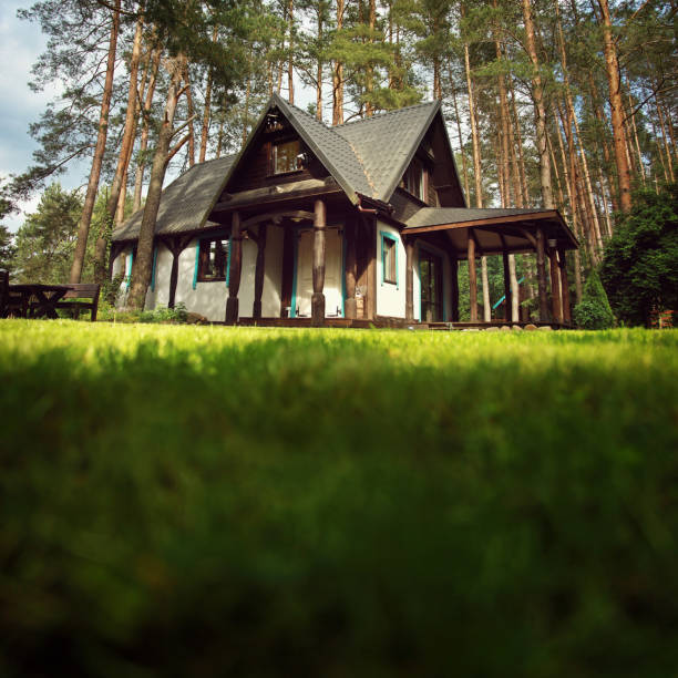 Aged log sauna structure located in semi-deserted rural settlement, with riverside view during summer season