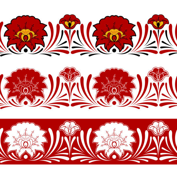 ilustrações, clipart, desenhos animados e ícones de conjunto de vetor de elementos sem costura de borda padrão russo - craft ribbon flower black