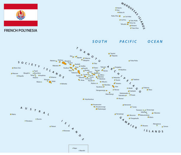 illustrazioni stock, clip art, cartoni animati e icone di tendenza di mappa della polinesia francese con bandiera - polynesia