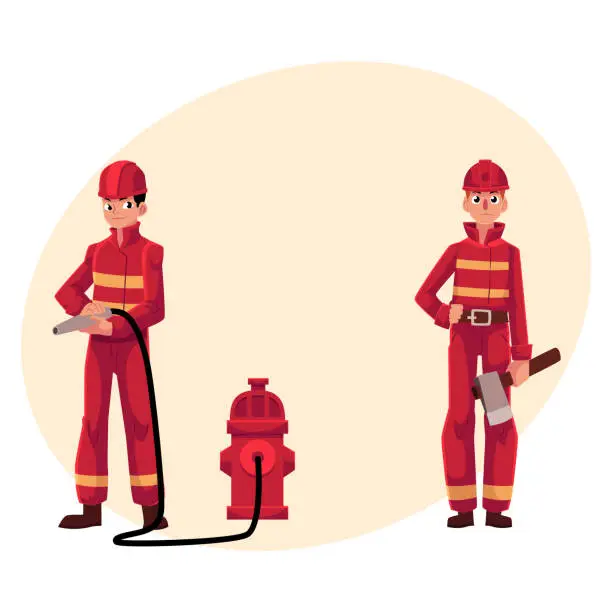 Vector illustration of Firefighter, fireman in red protective suit holding fire hose, axe