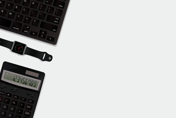 realistischen hintergrund: rechner, tastatur, moderne armbanduhr. 3d ansicht von oben - hexe grafiken stock-grafiken, -clipart, -cartoons und -symbole