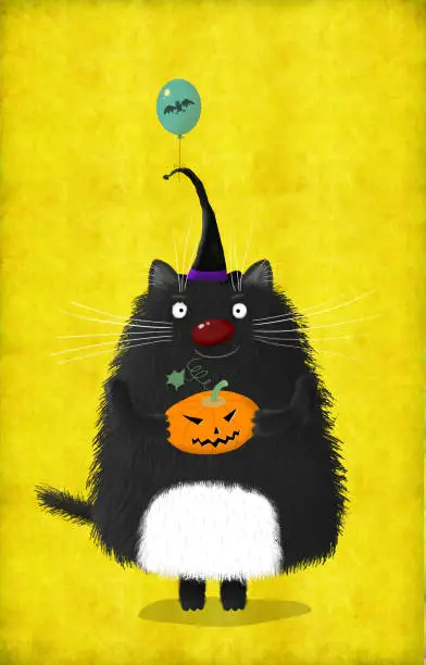 Photo of Halloween Cat In Witch Hat With Pumpkin And Balloon