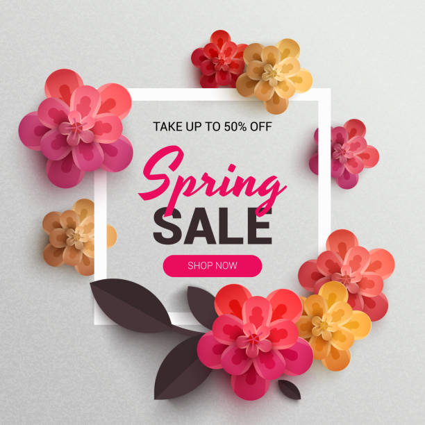 Web Wanner with red paper flowers for spring sales. vector art illustration