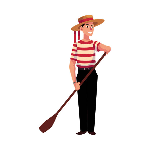 Portrait of young Italian, Venetian gondolier in typical clothes Full length portrait of young Italian, Venetian gondolier in typical clothes, cartoon vector illustration isolated on white background. gondolier stock illustrations