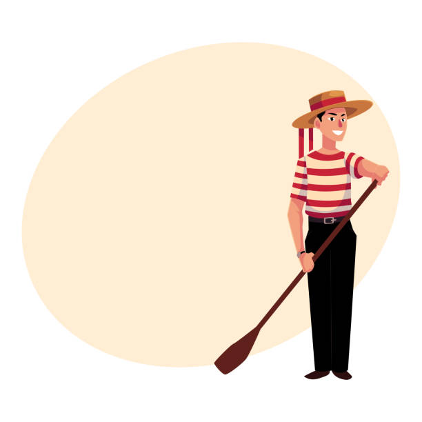 Portrait of young Italian, Venetian gondolier in typical clothes Full length portrait of young Italian, Venetian gondolier in typical clothes, cartoon vector illustration with place for text. Italian gondolier in traditional clothing, tourist attraction venice italy stock illustrations