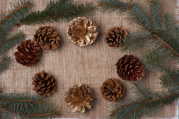 istock Christmas and New Year decorations on a burlap background 866186978