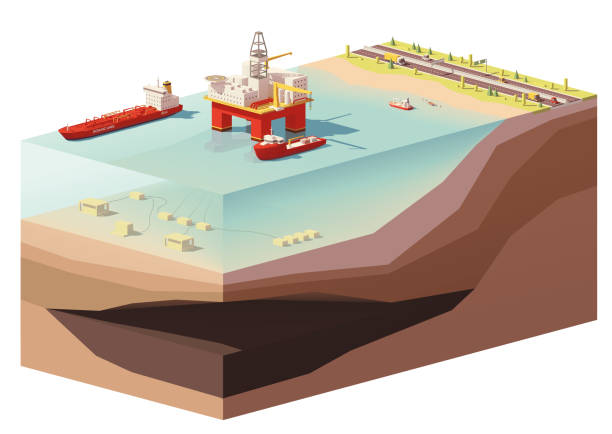 illustrazioni stock, clip art, cartoni animati e icone di tendenza di piattaforma di perforazione di piattaforme petrolifere offshore vector low poly - oil rig oil industry sea oil