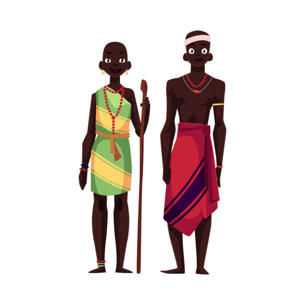 Native black aboriginal man and woman from African tribe Native black aboriginal man and woman from African tribe, cartoon vector illustration isolated on white background. Couple of smiling African aborigines, full length portrait white background smiling minority african descent stock illustrations