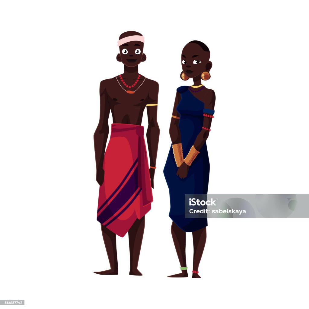 Native black aboriginal man and woman from African tribe Native black aboriginal man and woman from African tribe, cartoon vector illustration isolated on white background. Couple of smiling African aborigines, full length portrait African Ethnicity stock vector
