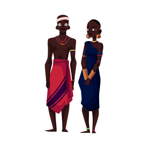Native black aboriginal man and woman from African tribe Native black aboriginal man and woman from African tribe, cartoon vector illustration isolated on white background. Couple of smiling African aborigines, full length portrait african warriors stock illustrations
