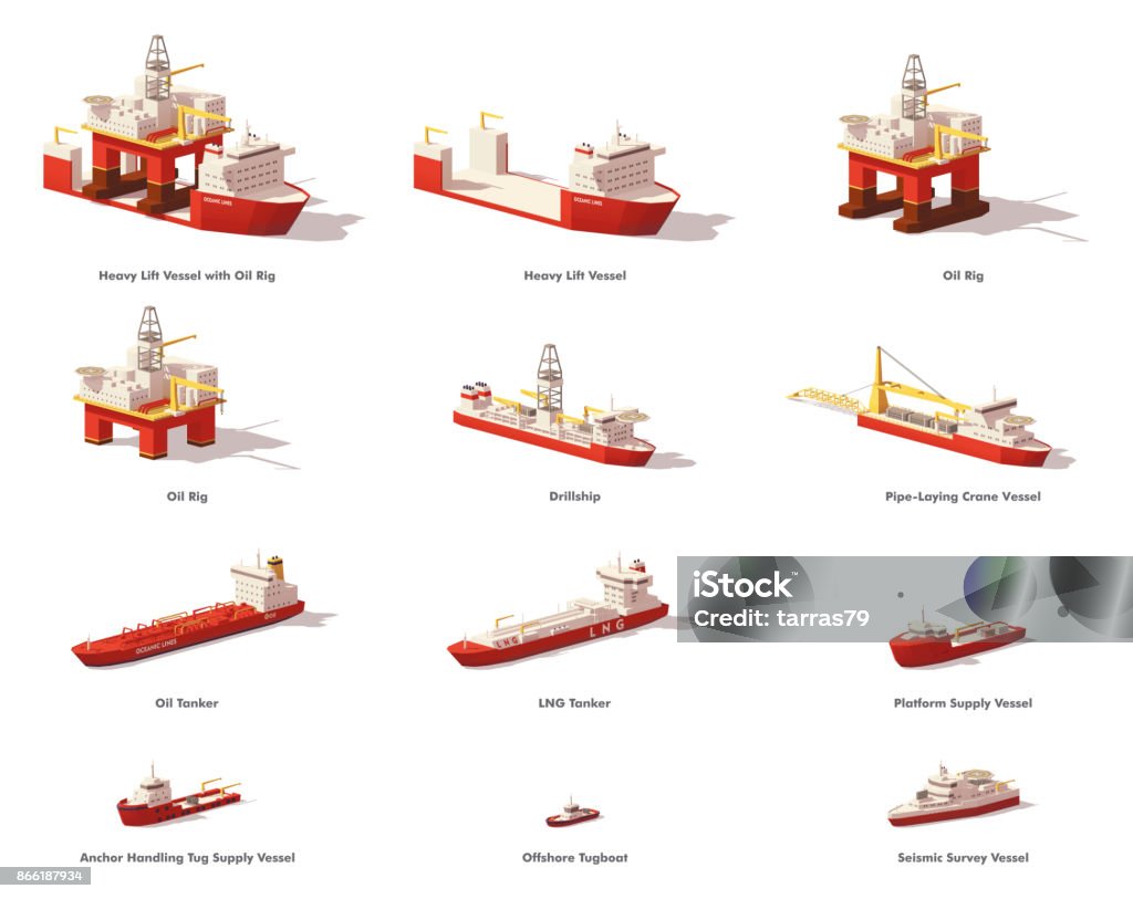 Vector low poly offshore oil exploration vessels Vector low poly offshore vessels for Oil and Gas Exploration. Oil rig, pipe laying and support vessels, tanker ship, tugboats and other Ship stock vector