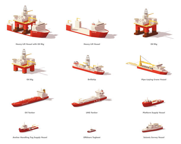 Vector low poly offshore oil exploration vessels Vector low poly offshore vessels for Oil and Gas Exploration. Oil rig, pipe laying and support vessels, tanker ship, tugboats and other gasoline illustrations stock illustrations