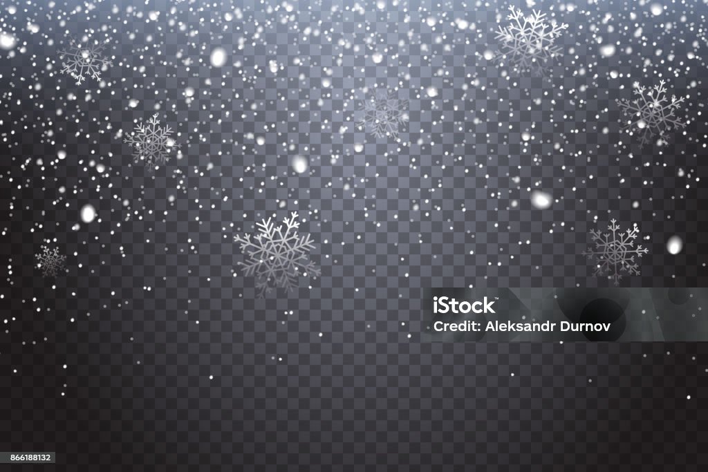 First snow. Realistic falling snowflakes isolated on transparent background. Winter decoration element for your christmas design. Vector illustration. Snow stock vector