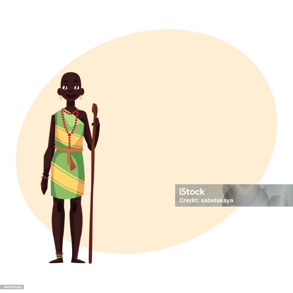 Aborigine woman from African tribe wearing bracelets and bead necklace Native aborigine woman from African tribe wearing bracelets and bead necklace, cartoon vector illustration with place for text. Beautiful female African aborigine, full length portrait Adult stock vector