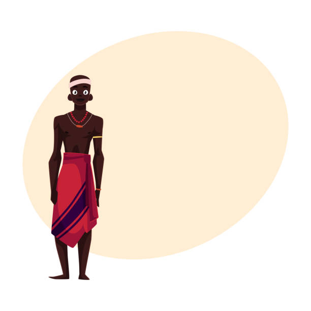 Native aborigine from African tribe in loincloth and bead necklace Native aborigine man from African tribe in loincloth and bead necklace, cartoon vector illustration with place for text. white background smiling minority african descent stock illustrations