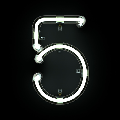 Number 5, Alphabet made from Neon Light on black background. 3D illustration
