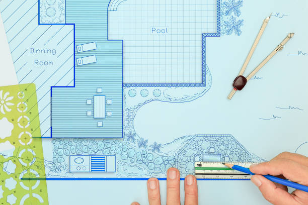 istock Blueprint backyard garden and pool design plan for villa. 866191046