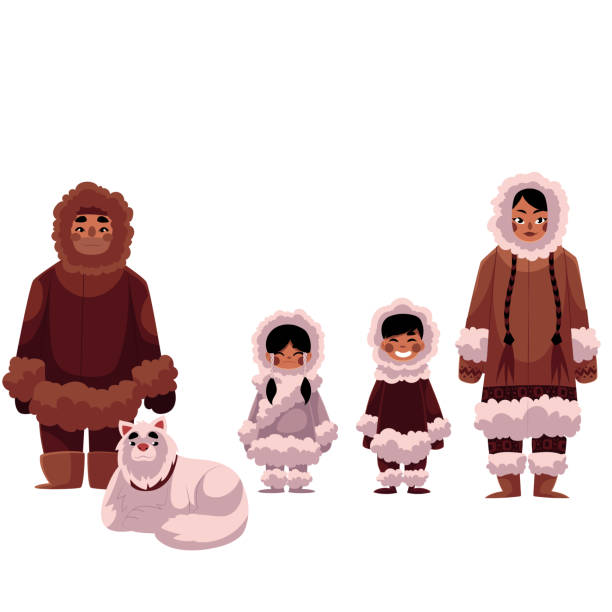 eskimo, rodzina eskimosów ojca, matki i dzieci z psem - human face dog symbol animal stock illustrations