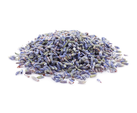 Heap of lavender flowers for herbal tea isolated on white background