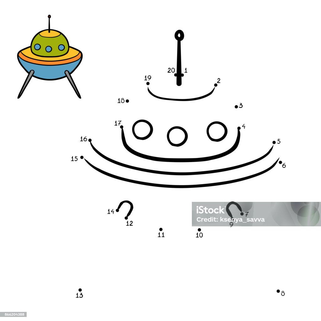 Numbers game, UFO Numbers game, education dot to dot game for children, UFO Connect the Dots stock vector
