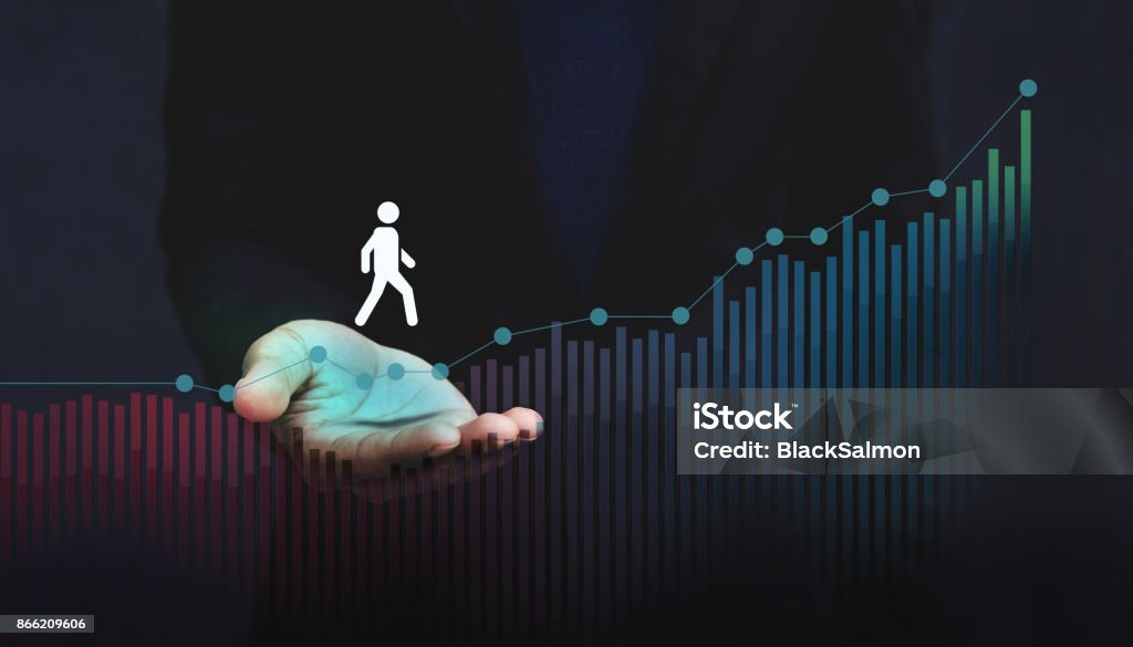 Company Helping and Supporting Customer to Success with Care Concept, Person Steps on Graph over a Careful Gesture Hand Customer Stock Photo