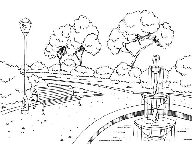 ilustrações de stock, clip art, desenhos animados e ícones de park fountain graphic black white landscape sketch illustration vector - scenics pedestrian walkway footpath bench