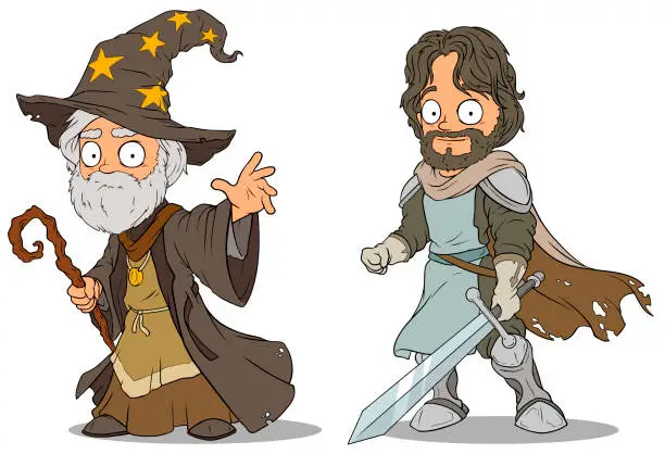 Vector illustration of Cartoon medieval wizard and knight characters set