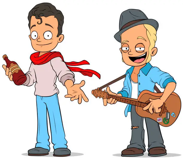 Vector illustration of Cartoon street musician with guitar characters set