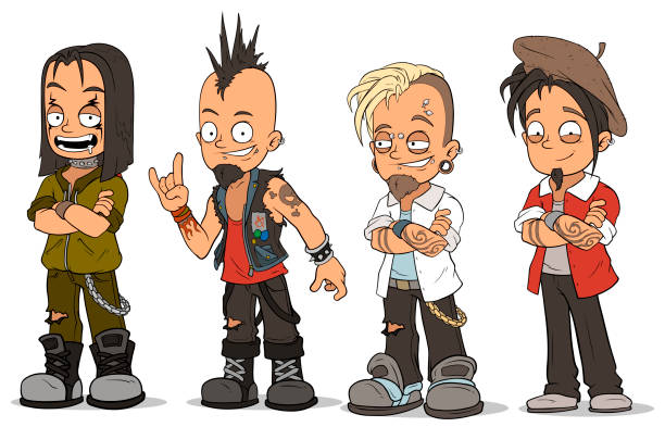 Cartoon punk rock metal guys characters vector set Cartoon cool punk rock metal guys with tattoo and piercing characters vector set long beard stock illustrations