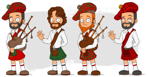 ilustraciones, imágenes clip art, dibujos animados e iconos de stock de dibujos animados escocés con conjunto de caracteres de gaita - falda escocesa
