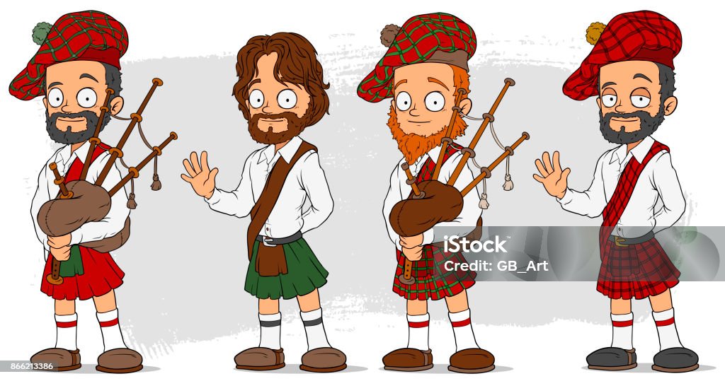 Cartoon scottish with bagpipe characters set Cartoon bearded scottish man in kilt with bagpipe characters vector set Scotland stock vector