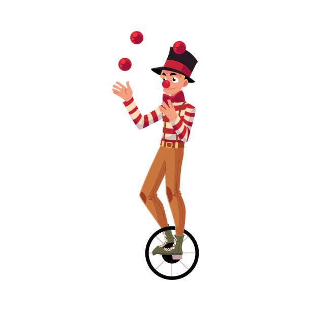Funny clown juggling balls while riding unicycle, one wheeled bicycle Funny clown juggling balls while riding unicycle, one wheeled bicycle, cartoon vector illustration isolated on white background. Circus ball juggler and equilibrist balancing on unicycle standing on one leg not exercising stock illustrations