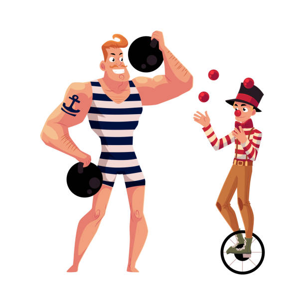 ilustrações de stock, clip art, desenhos animados e ícones de circus performers - strong man and clown juggling balls riding unicycle - standing on one leg white background strength balance