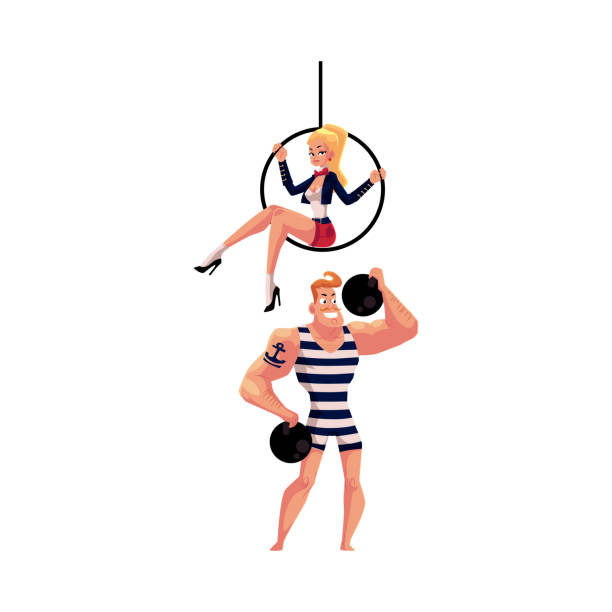 цирковые артисты - силак и акробат гимнастка, сидящая на воздушном обруче - circus strongman men muscular build stock illustrations